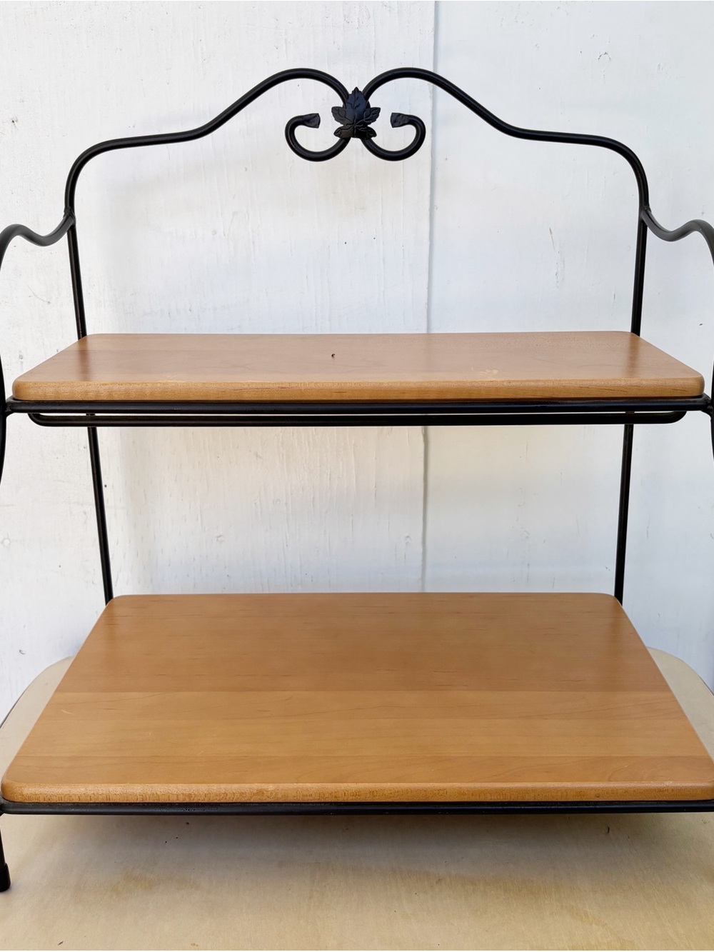 Longaberger Woodcrafts 2-Tier Black Wrought Iron Rack with 2 Solid Wood Shelves